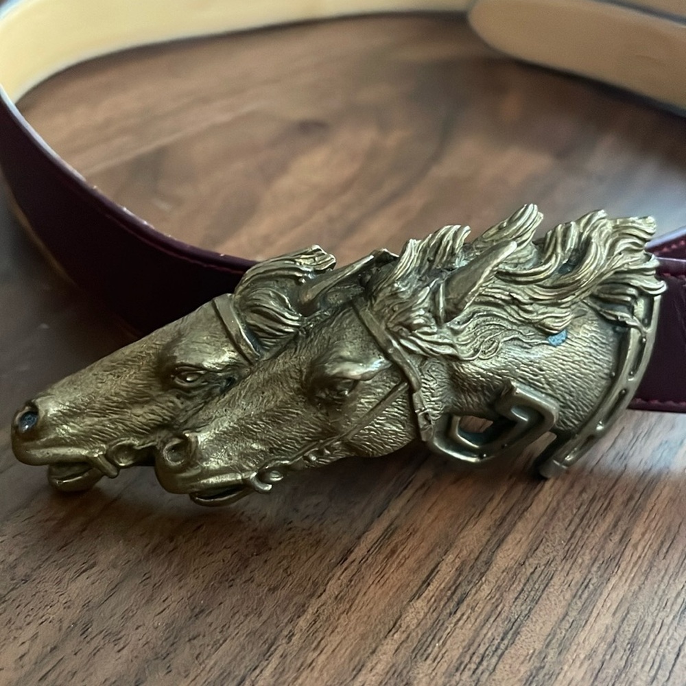 VTG 70s GUCCI Brass Double Horse Head Buckle Leather Belt 90-36 Made in Italy